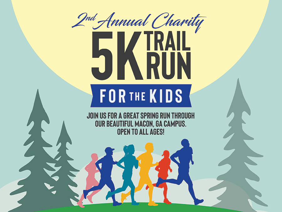 An illustration showing a silhouetted group of people running across a grassy tree-lined hill.