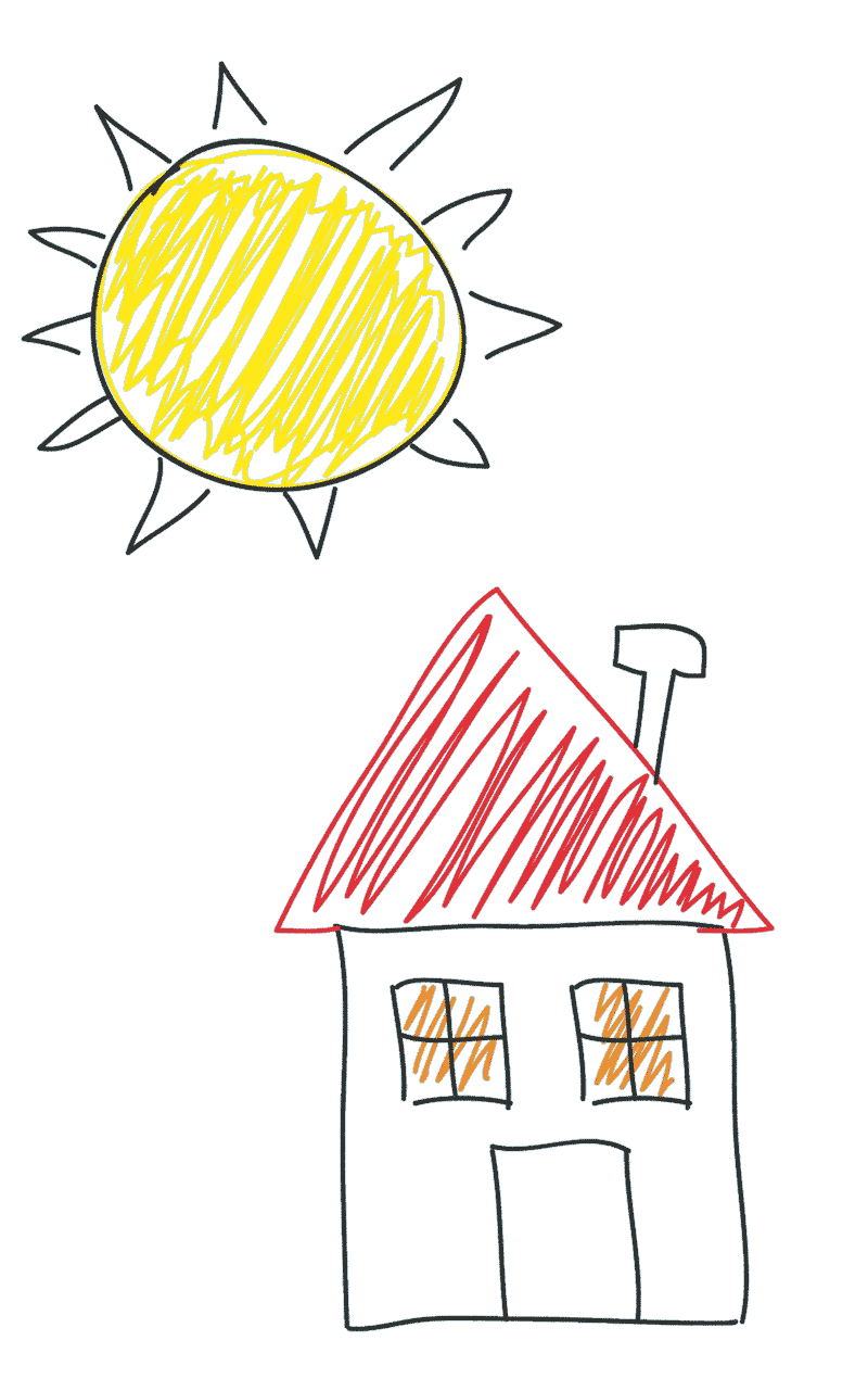 A child's drawing of a house with a sun shining in a blue sky.