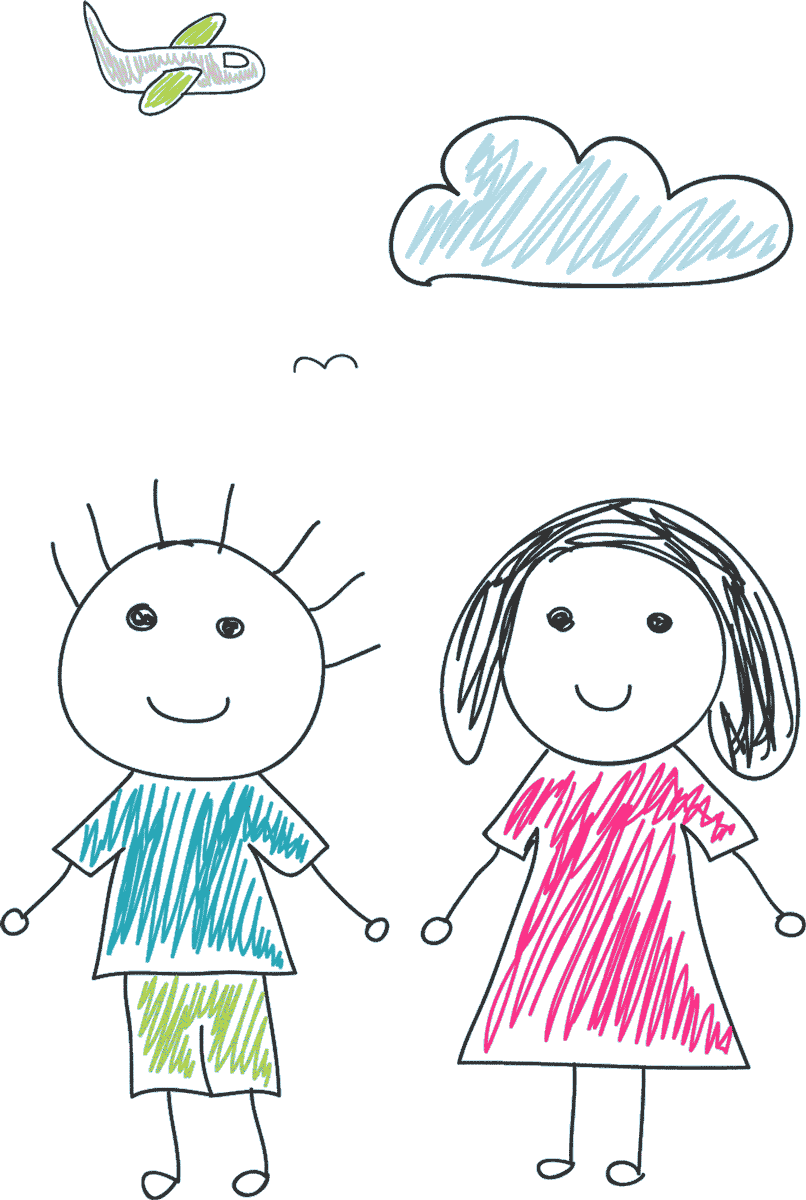 A child's illustration of two smiling children holding hands as a small green airplane flies past a cloud in the background.