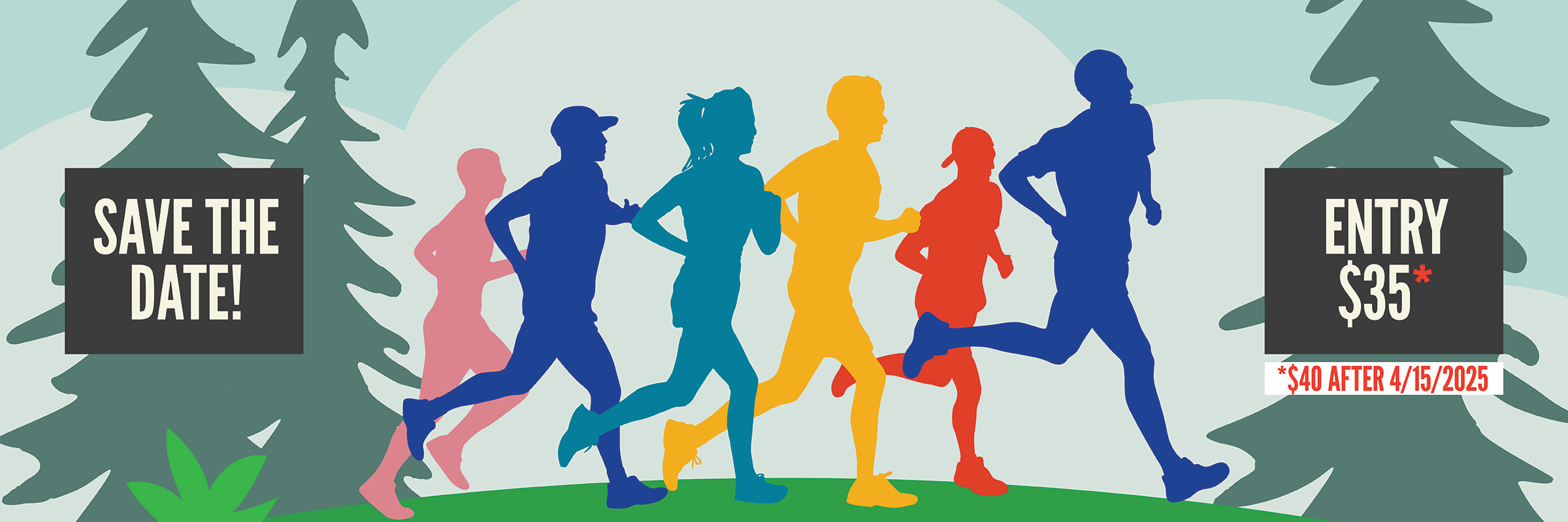 An illustration showing a group of runners silhouetted against a blue sky with clouds.